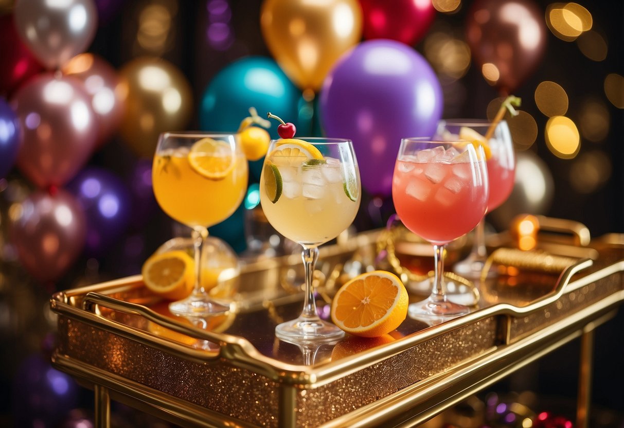 Colorful cocktails on a gold bar cart, surrounded by glittering 30th birthday decorations, including balloons, streamers, and confetti