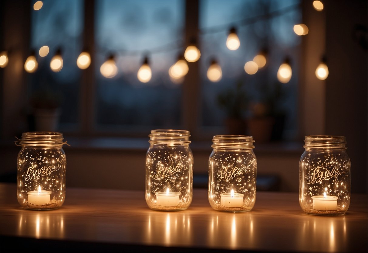 A cozy living room with fairy light-filled mason jars, scattered around as elegant 30th birthday decor