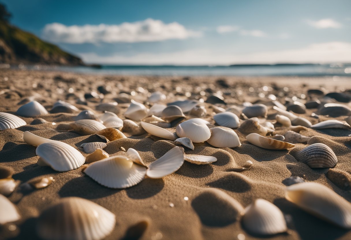 Sandy shoreline with scattered shells, gentle waves, and seagulls. Rocky outcrops in the distance. Sunlight dappled through the clouds