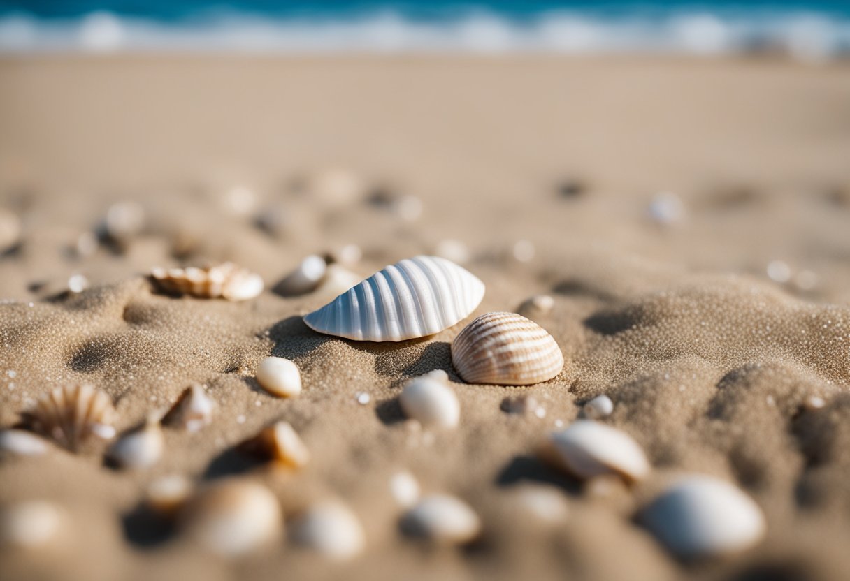 A sandy beach with scattered seashells, gentle waves, and a clear blue sky. A surf club building stands in the background