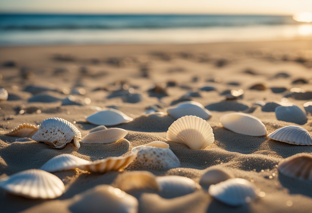 Sandy beach with scattered seashells, gentle waves, and distant horizon under a clear blue sky