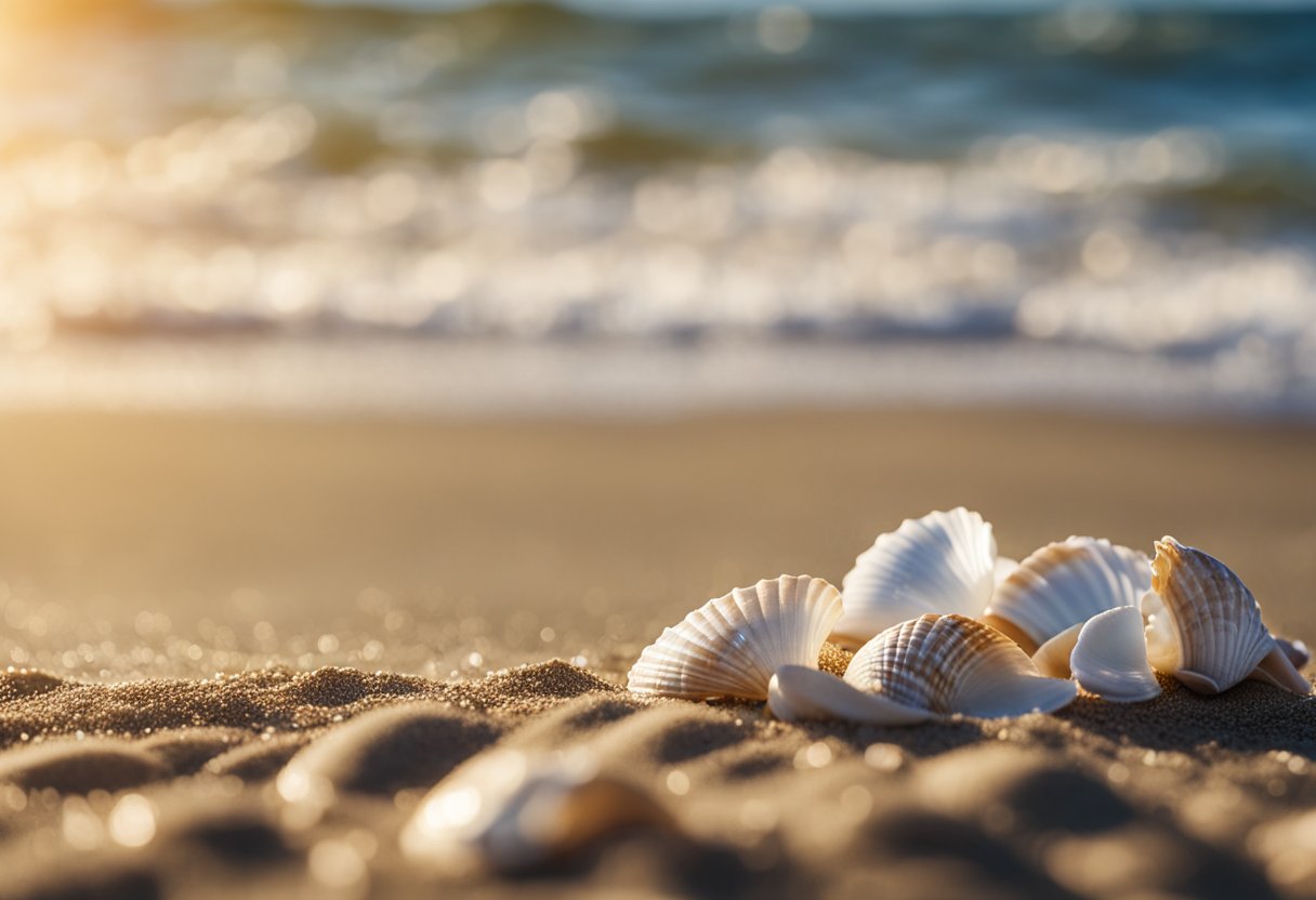 Glistening shells scattered along the sandy shore, waves crashing in the background at Ocean Beach Park, Connecticut