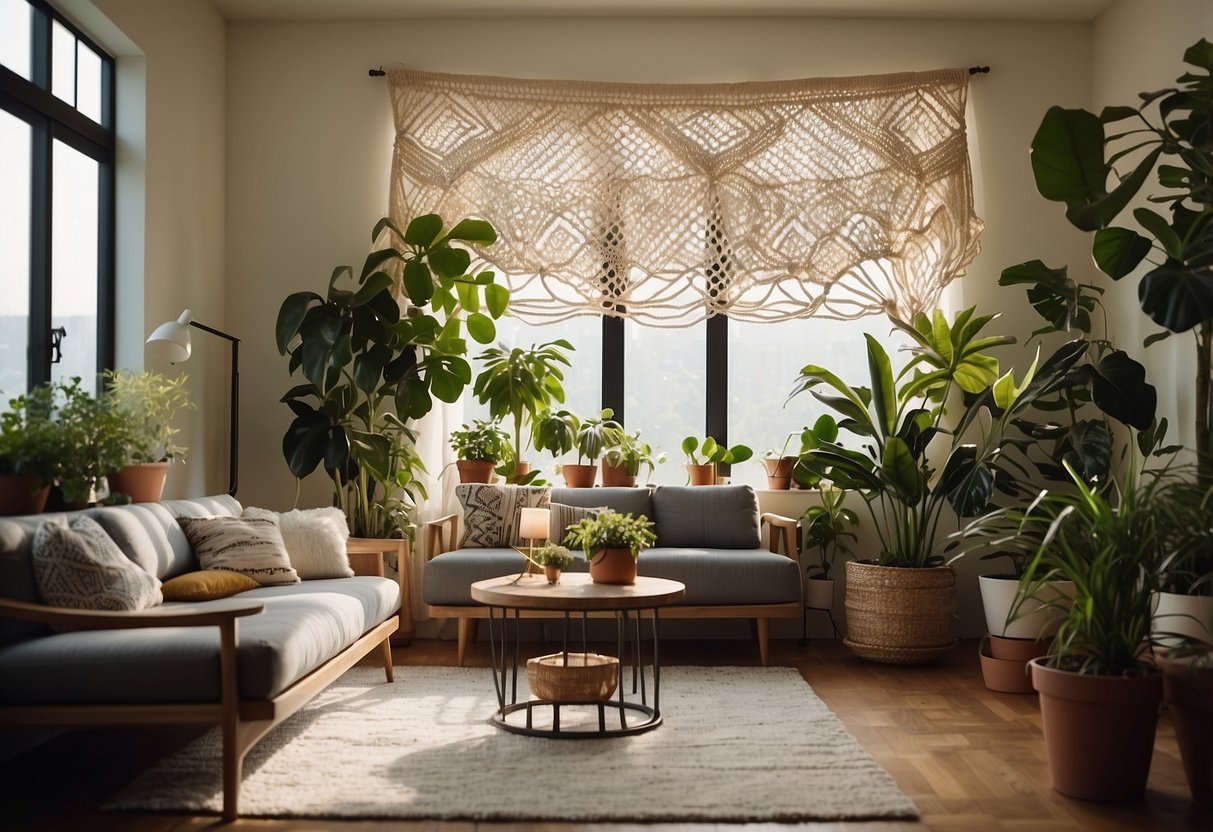 A cozy living room with a large macrame wall hanging above a mid-century modern sofa, surrounded by potted plants and warm, natural lighting