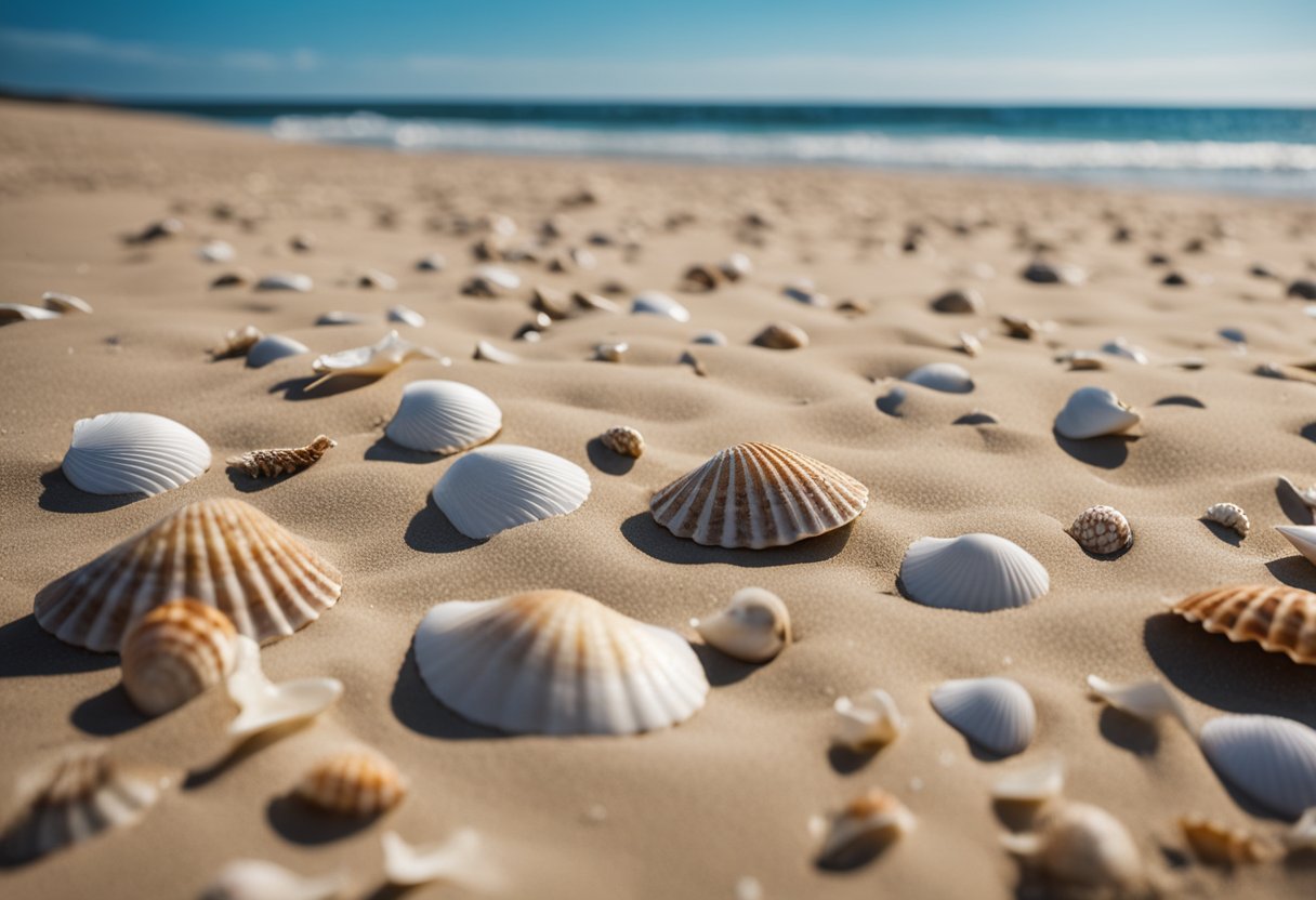 Sandy shore with seashells scattered, waves gently lapping. Dunes in background, seagulls flying overhead. Blue sky and ocean