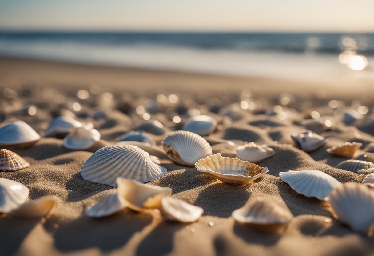 Sandy shore with scattered seashells, gentle waves, and distant horizon at Calf Pasture Beach, Connecticut