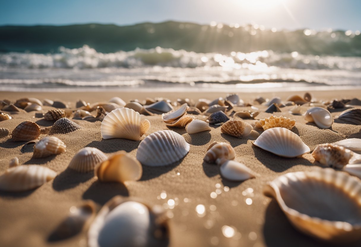 A collection of various shells scattered across a sandy beach, with waves gently washing up against the shore in the background