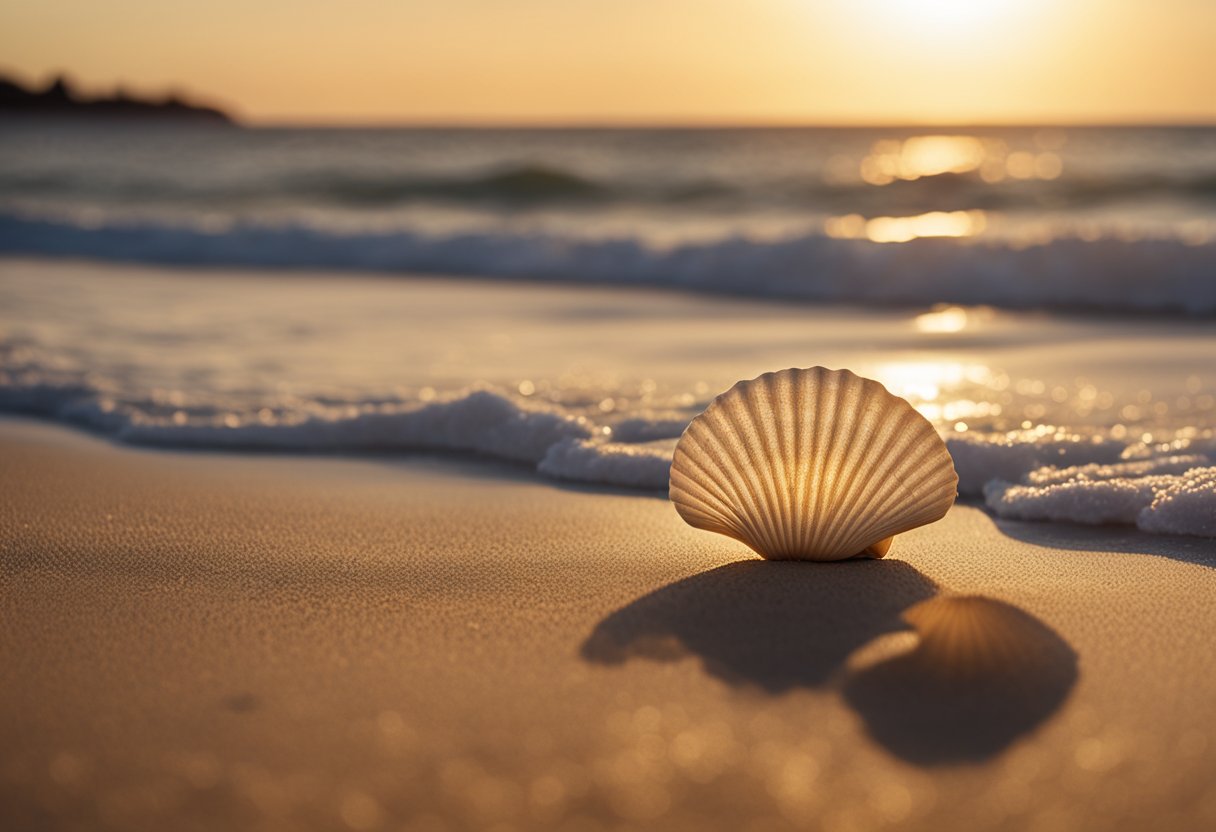 The sun sets over a sandy beach, waves gently lapping at the shore. Seashells of various shapes and sizes are scattered across the sand, waiting to be collected by beachcombers