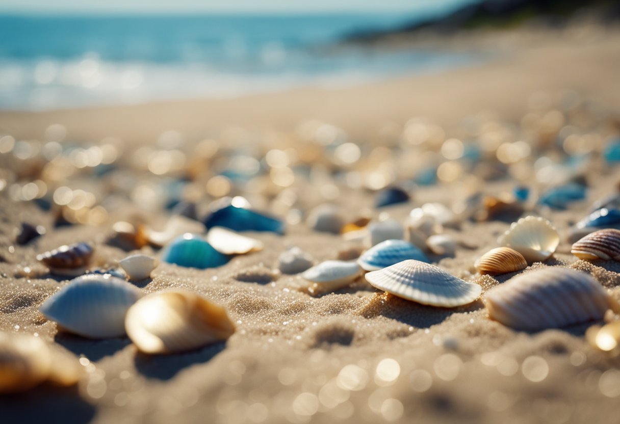 The shoreline is scattered with colorful shells, glistening in the sunlight. Waves gently roll in, revealing hidden treasures along the sandy beach