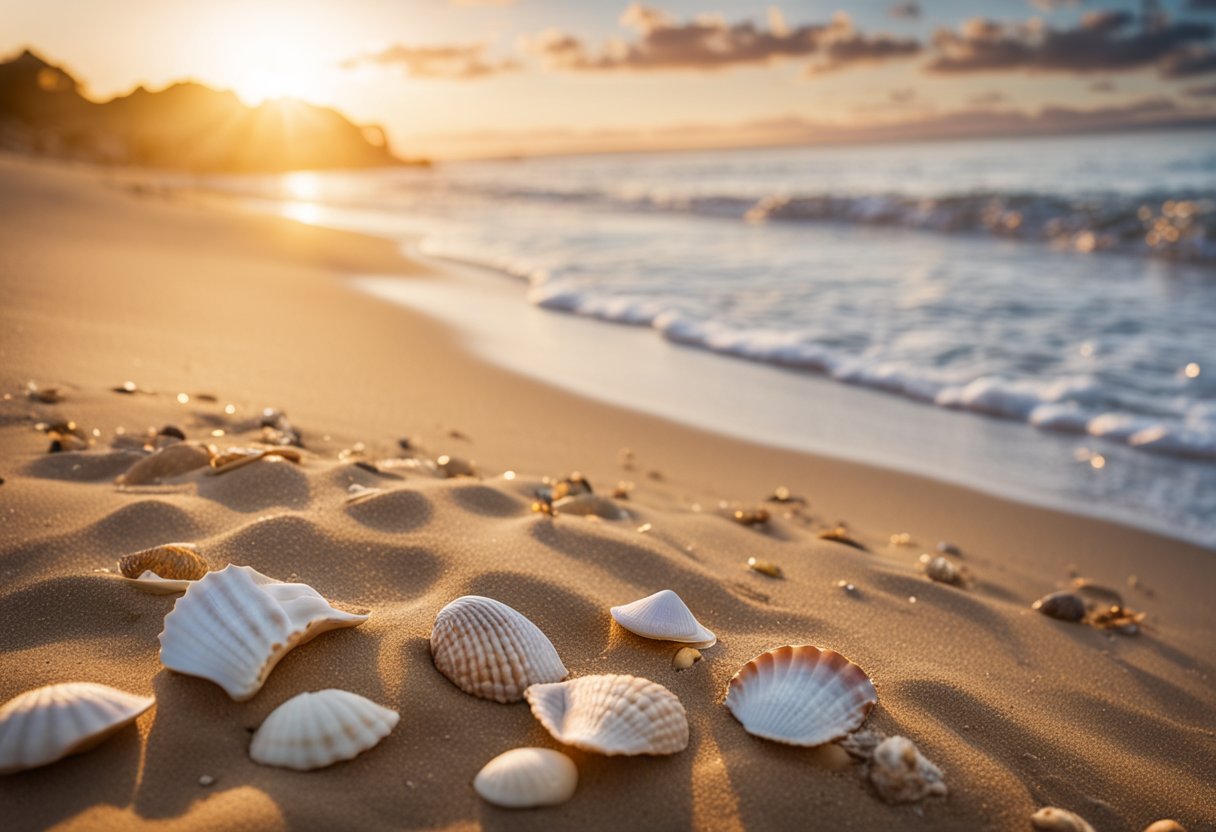 The sun sets over a sandy beach with scattered seashells, waves gently lapping the shore. A sign reads "Top Beaches for Shelling in Connecticut 2024."