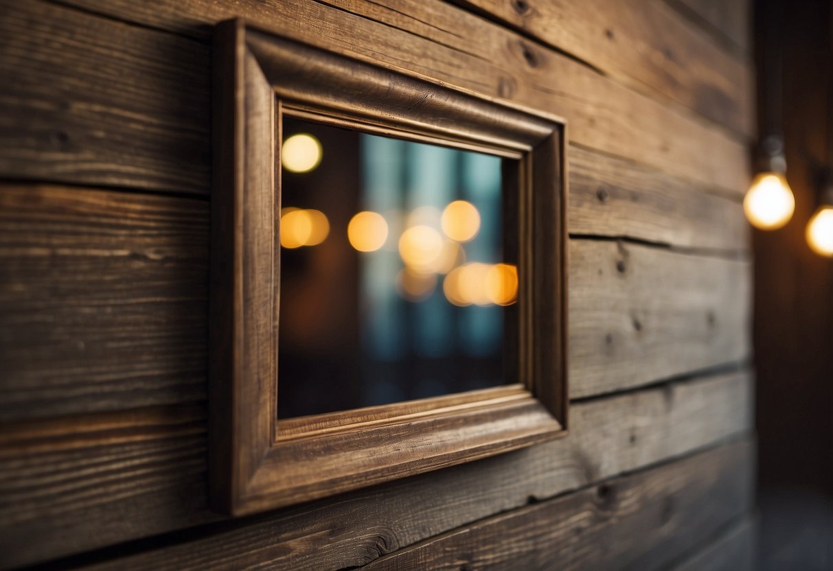 A rustic wood and wire photo frame hangs on a weathered wall, surrounded by vintage decor and soft lighting