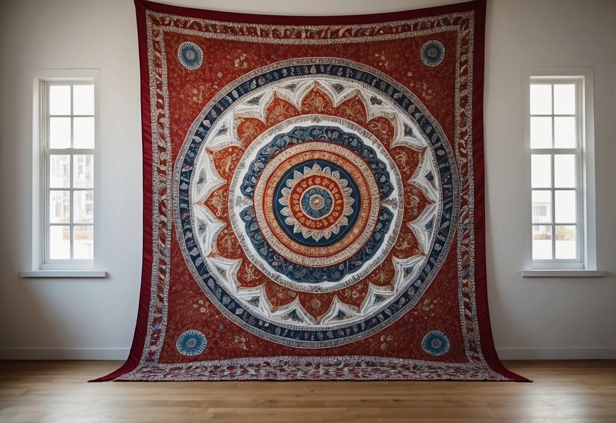 A silk tapestry with a mandala design hangs on a white wall, adding a touch of elegance to the room