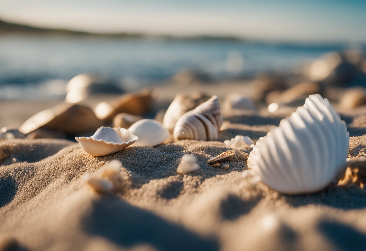 Sandy shore with scattered seashells, gentle waves, and a clear blue sky. Rocky outcrops and driftwood add interest to the beachscape