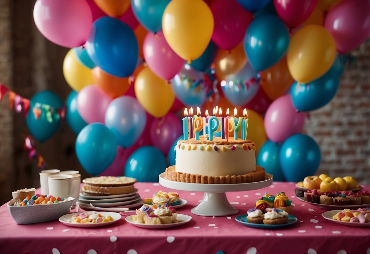 Colorful balloons and streamers adorn the walls and ceiling, while a festive banner spells out "Happy 5th Birthday" in bold letters. A table is set with a vibrant tablecloth, matching plates, and a delightful birthday cake in the center