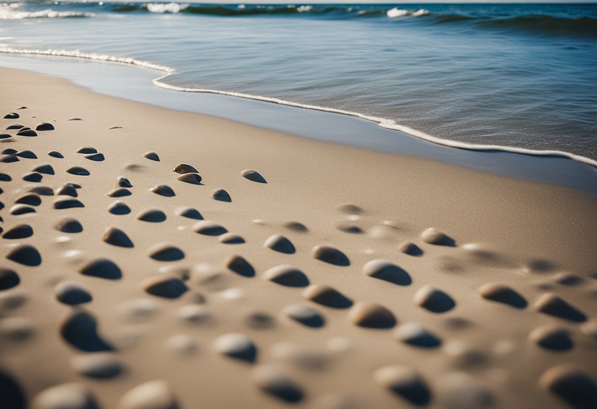 A sandy shore with scattered shells, gentle waves, and a clear blue sky at Roger W. Wheeler State Beach in Rhode Island