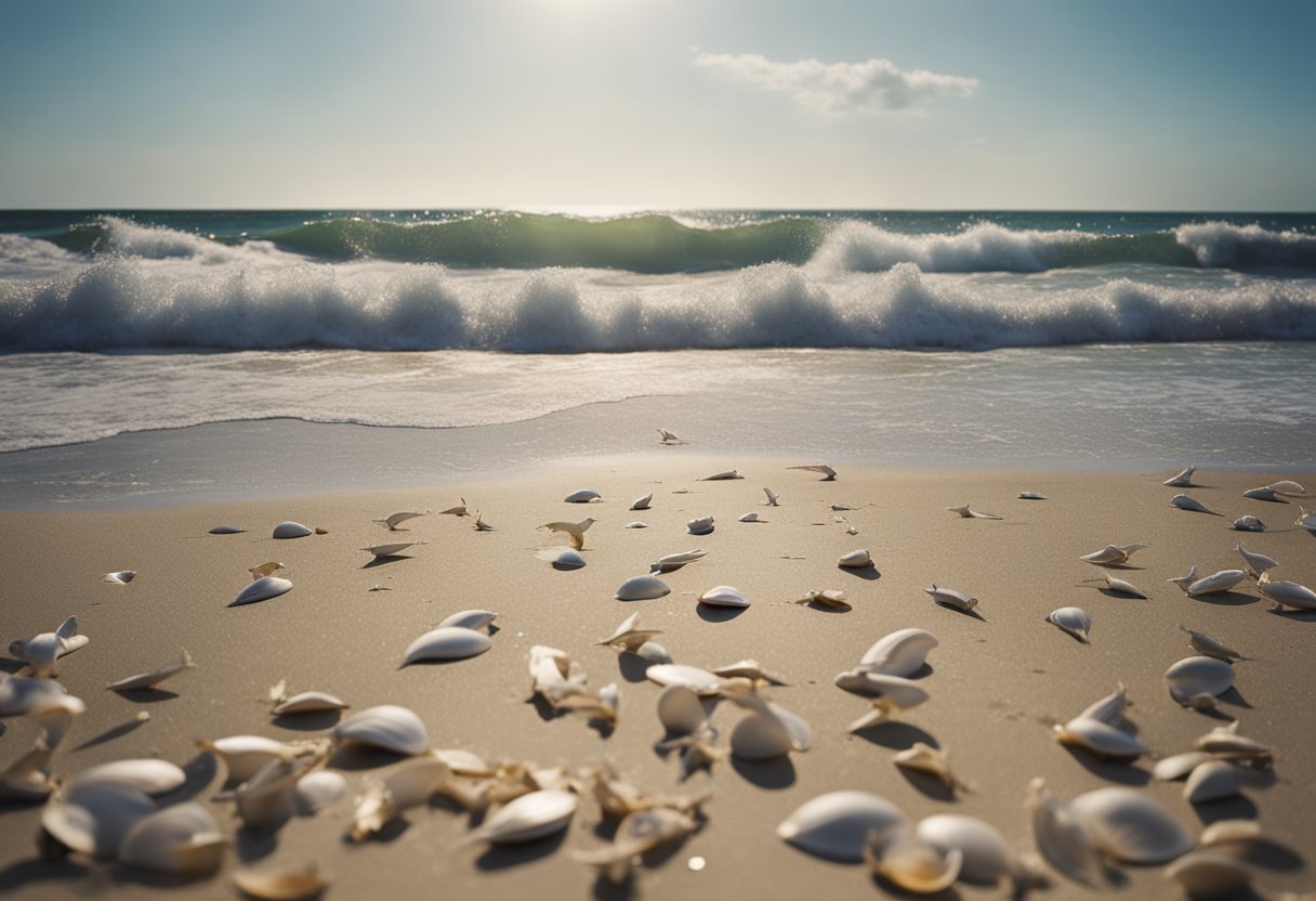 Sachuest Beach: waves crash on sandy shore, shells scattered along the water's edge, seagulls circle above