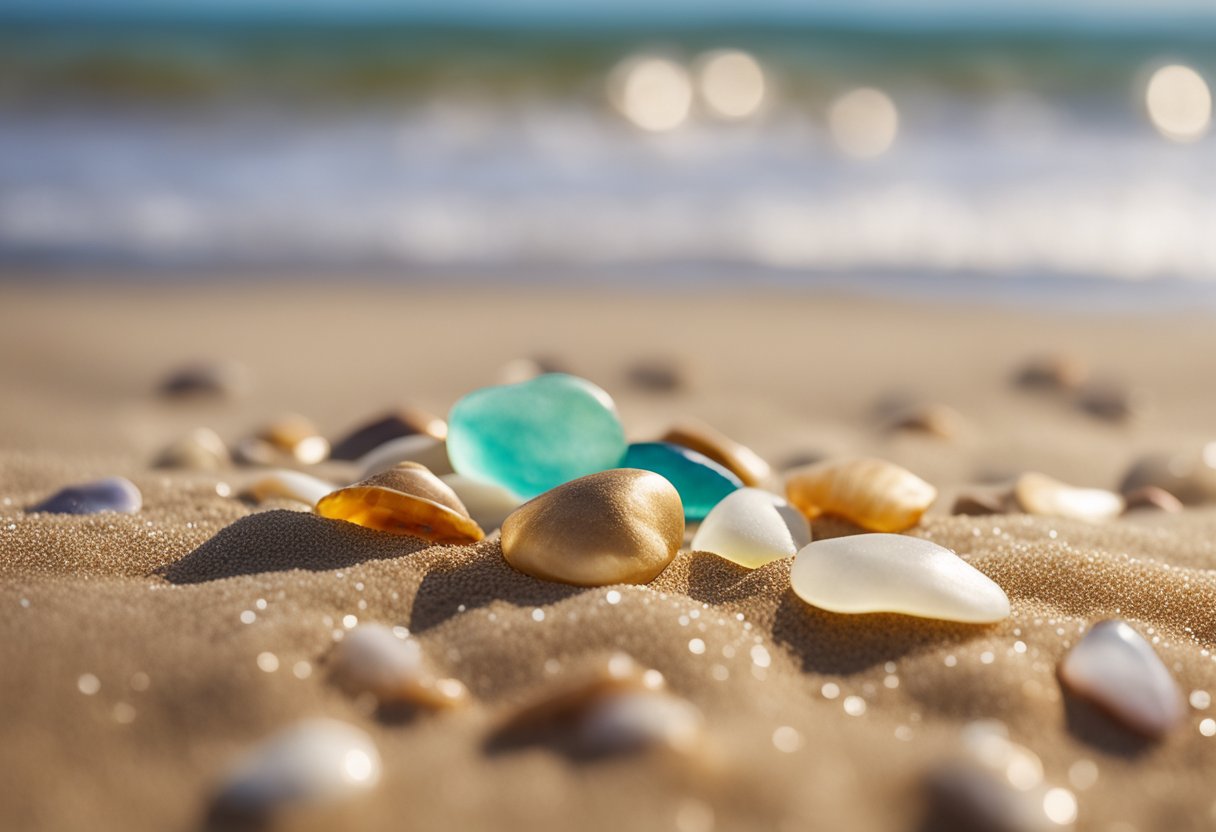 Golden sand stretches along the shore, scattered with colorful shells and sea glass. Waves gently roll in, creating a peaceful atmosphere at Watch Hill Beach