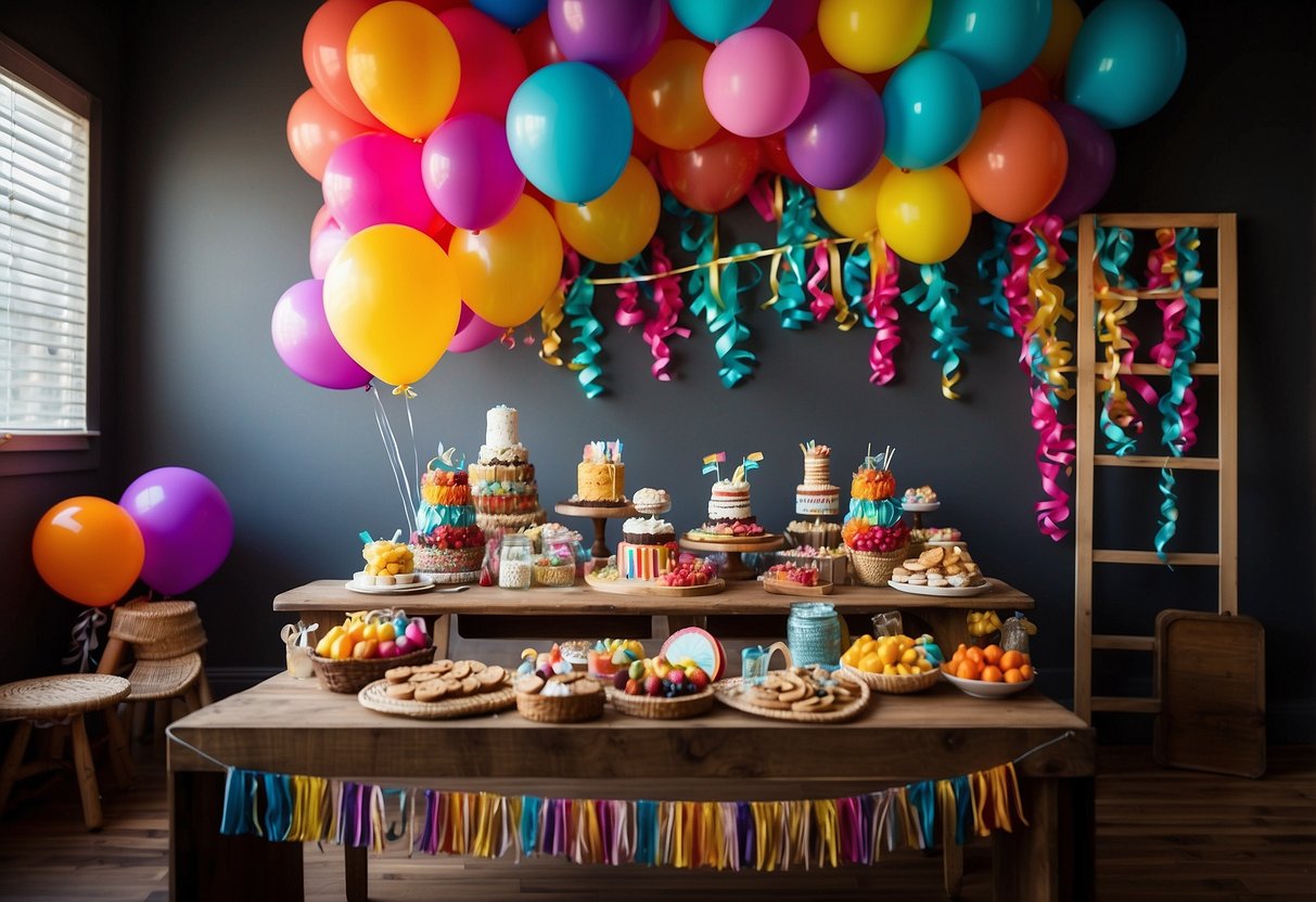 Colorful streamers and balloons adorn a homemade photo booth backdrop. A table is set with props like hats and glasses. A sign reads "5th Birthday Fun!"