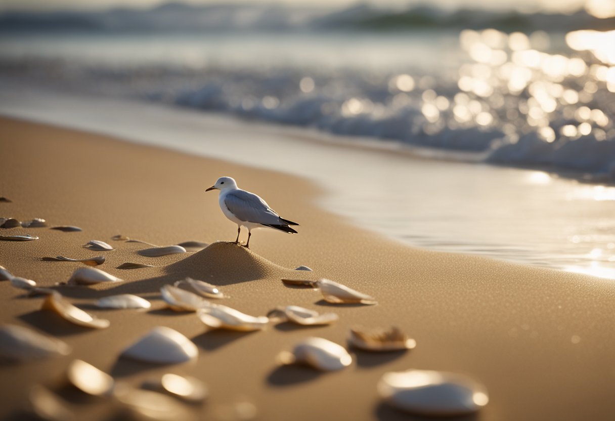 Golden sand stretches along the shore, scattered with seashells of all shapes and sizes. Gentle waves lap at the beach, while seagulls soar overhead