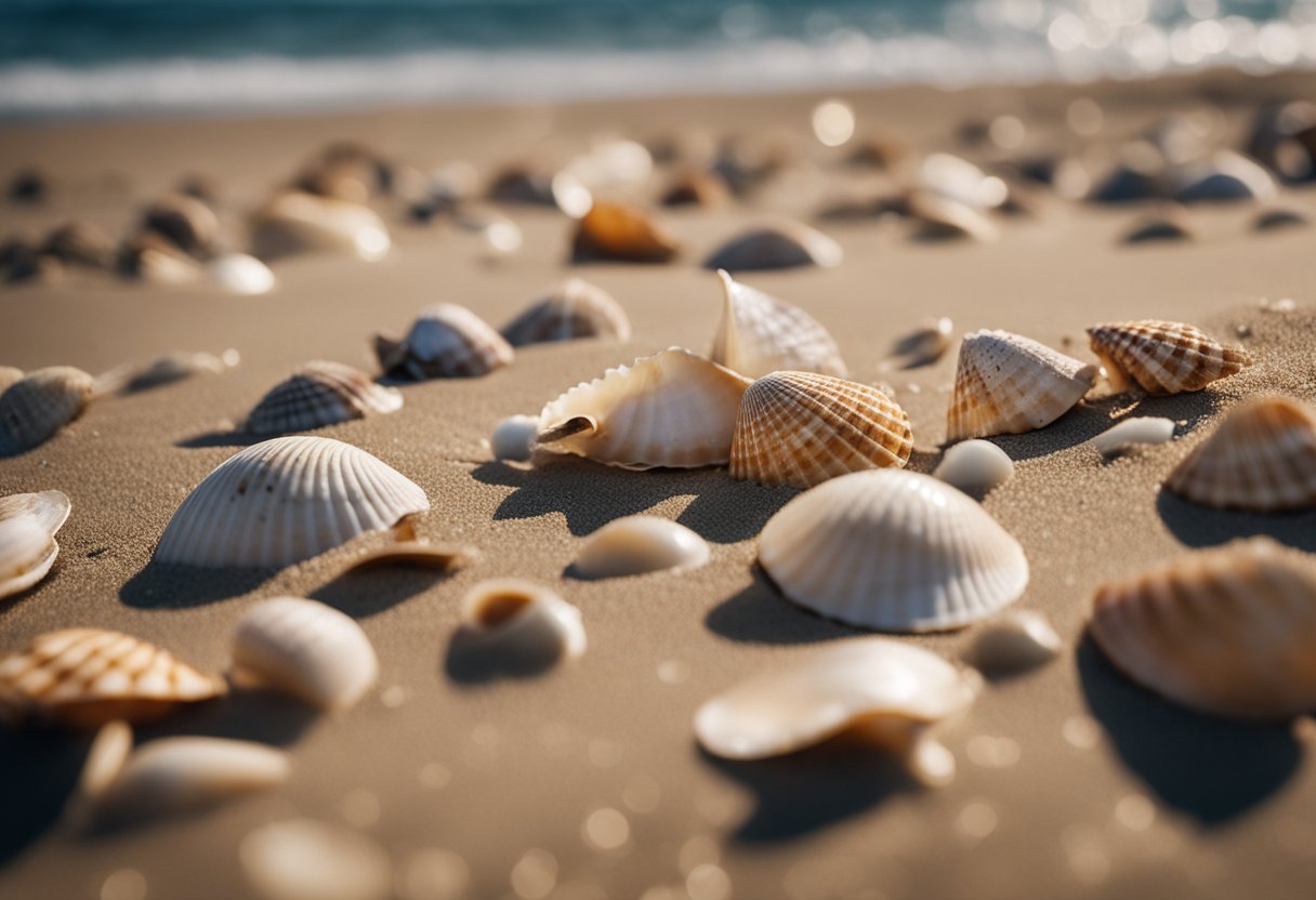 A collection of various shells scattered across a sandy beach, with waves gently lapping at the shore in the background