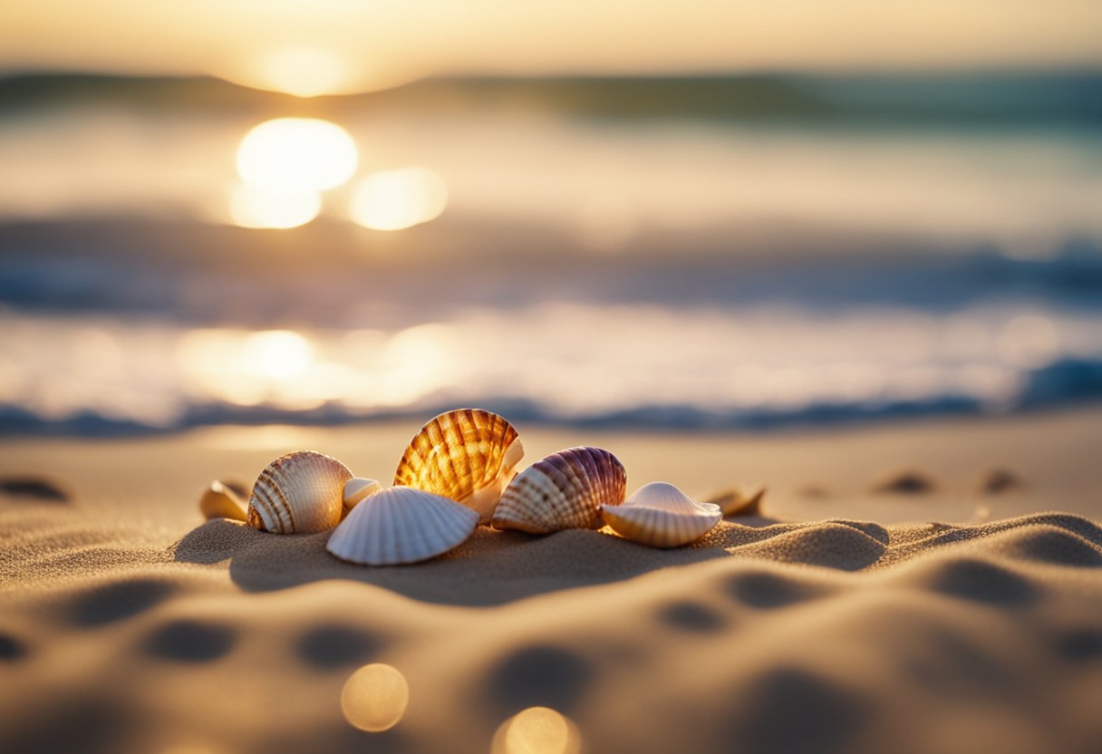 Golden sunlight illuminates a sandy beach strewn with colorful shells. Waves gently roll onto the shore, revealing a treasure trove of shells waiting to be discovered