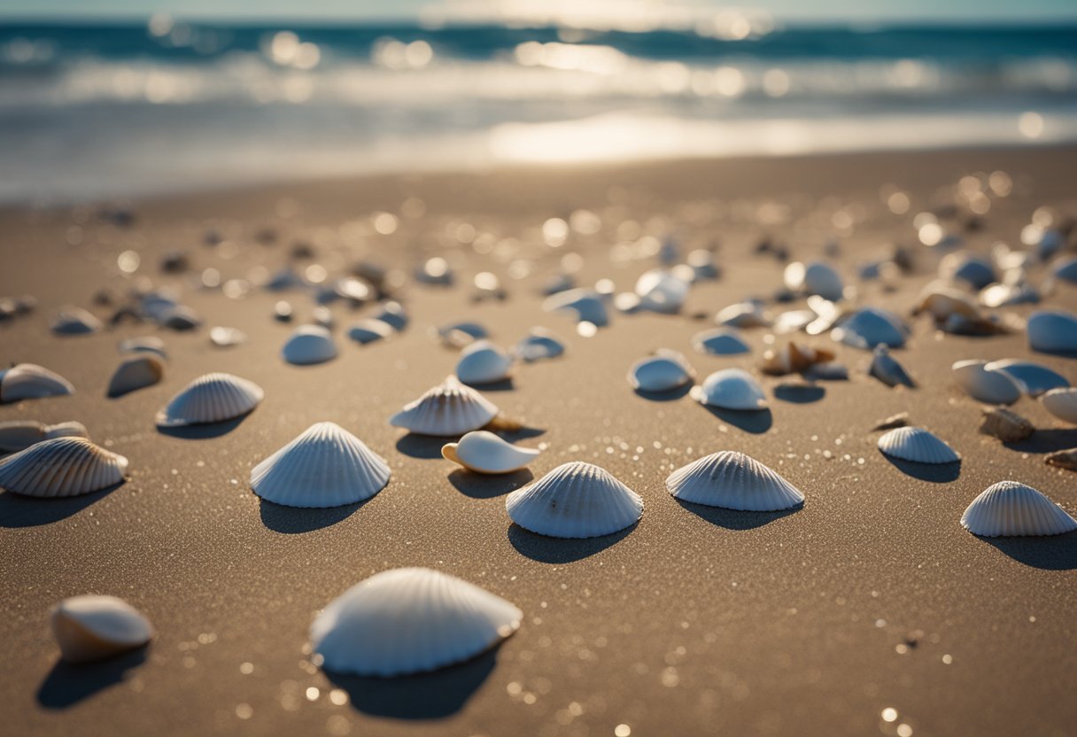 Shells scattered on sandy beach, waves gently washing ashore, seagulls in the distance, and a clear blue sky above