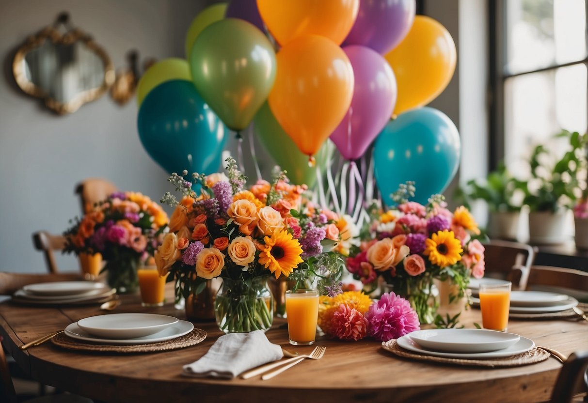 A table adorned with colorful flowers, vases, and greenery. Balloons and ribbons add a festive touch. Bright, cheerful atmosphere for a 5th birthday celebration at home