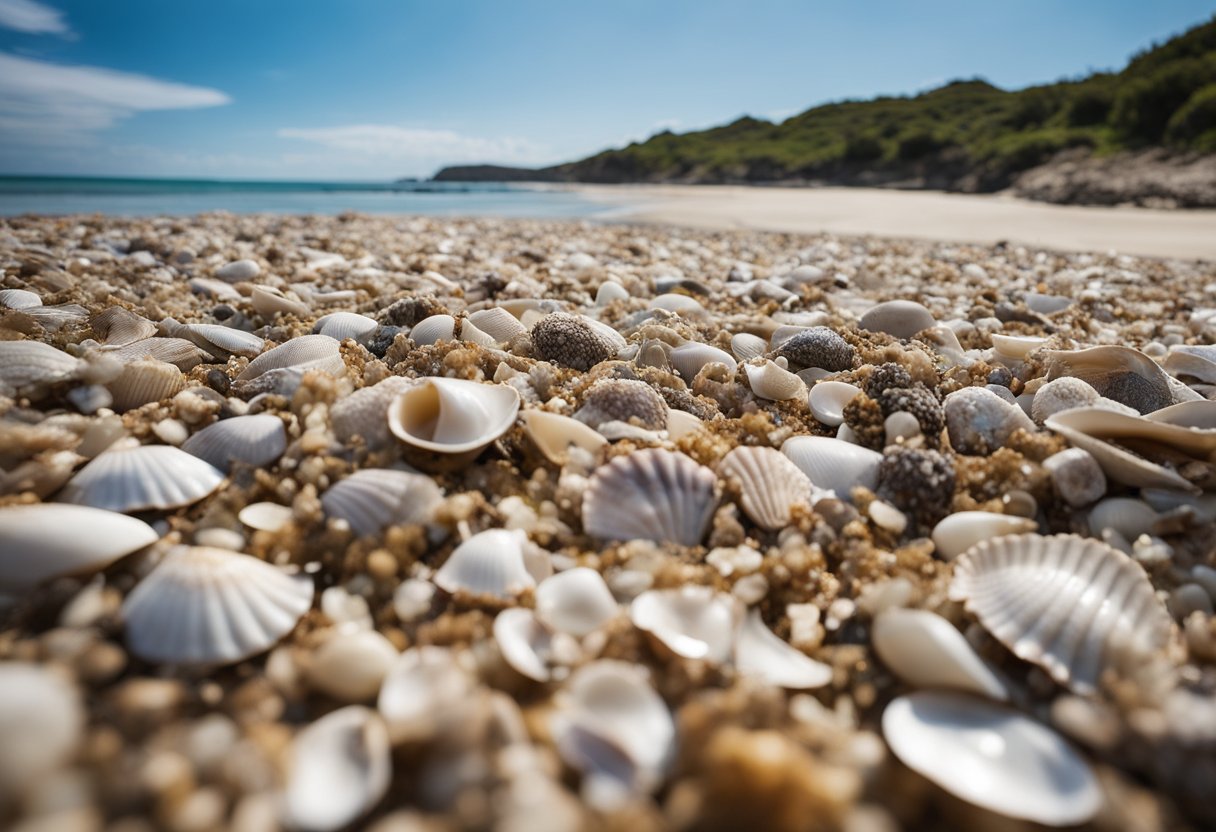 Sandy coastline with scattered seashells, gentle waves, and distant beachgoers. Rocky outcrops and greenery line the shore, with clear blue skies above