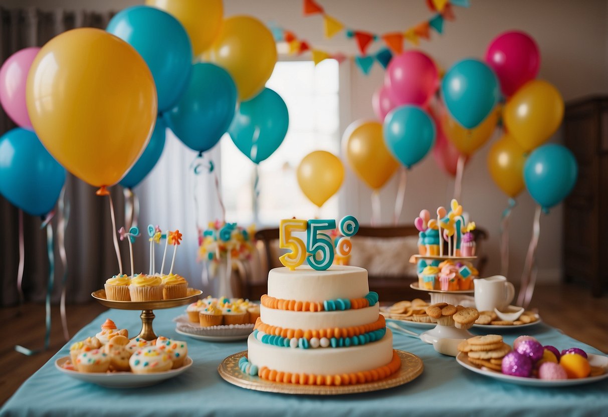 Colorful balloons, streamers, and banners adorn the living room. A cake with a "5" topper sits on the table. Toys and games are scattered around the room, ready for the birthday celebration