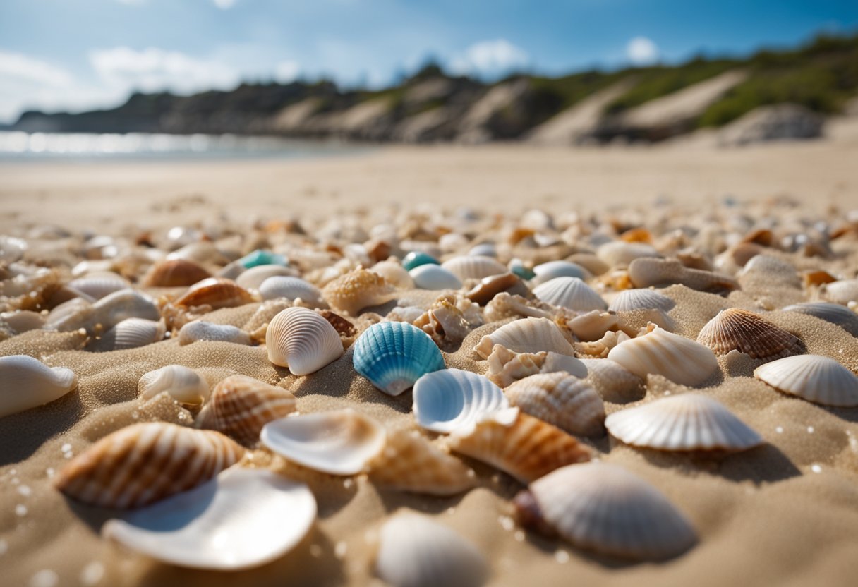 The sandy shore stretches out, scattered with colorful seashells. Waves gently lap at the beach, and a clear blue sky stretches out overhead