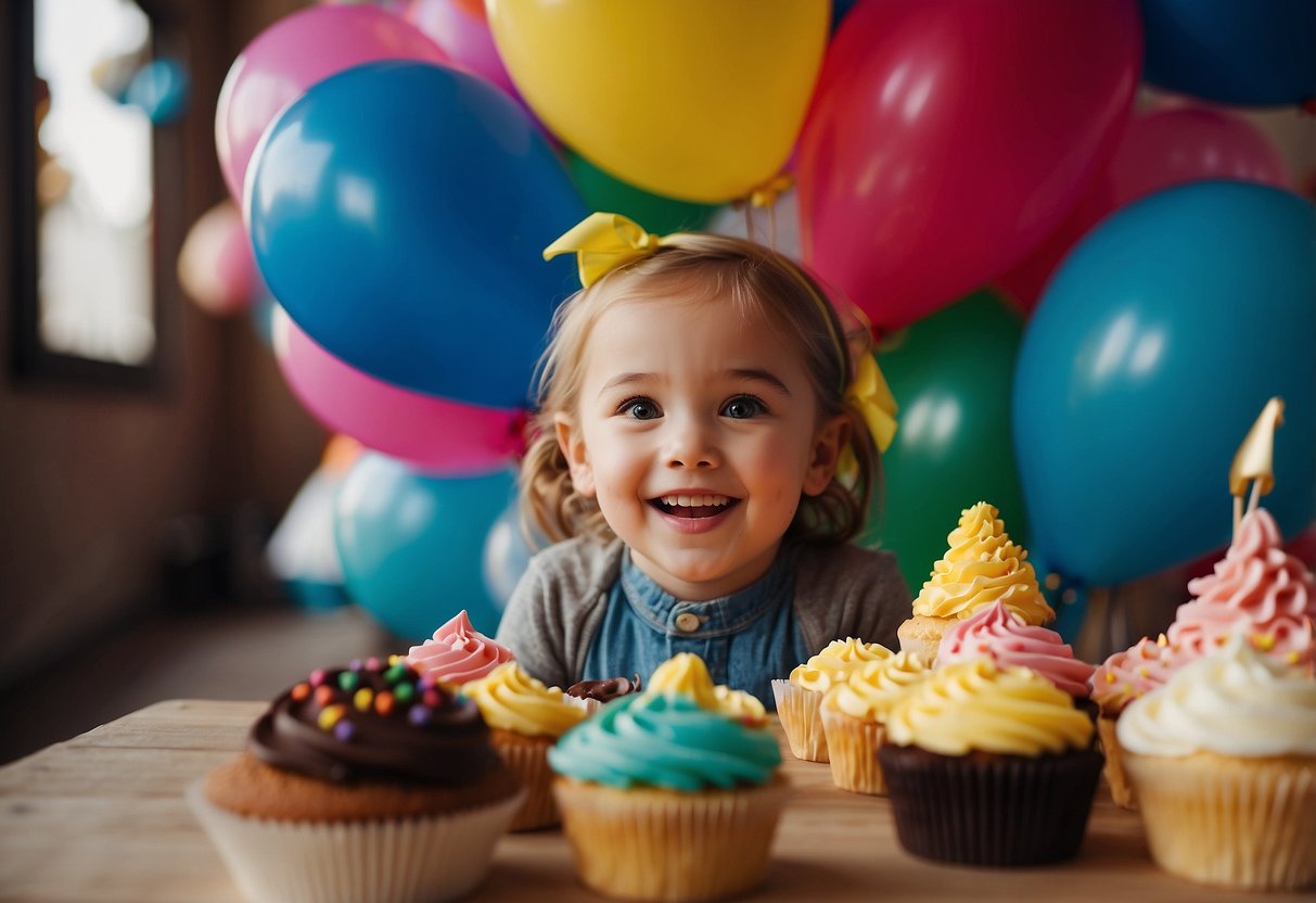 Colorful balloons, streamers, and banners adorn the walls. A table is set with cupcakes, party hats, and games. Children play and laugh in the festive atmosphere