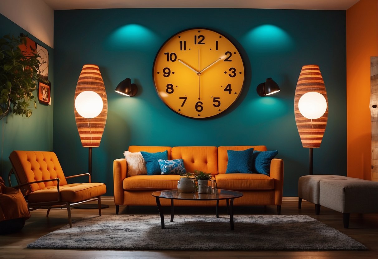 A living room with a shag carpet, lava lamps, and psychedelic wall art. A sunburst clock hangs above a low-slung orange sofa