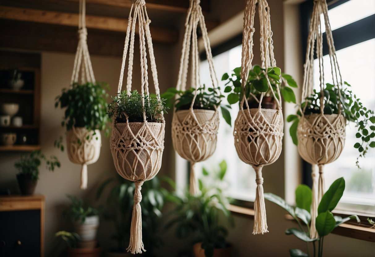 Several macrame planters hang from the ceiling in a 60s-inspired home, adding a touch of bohemian charm to the decor