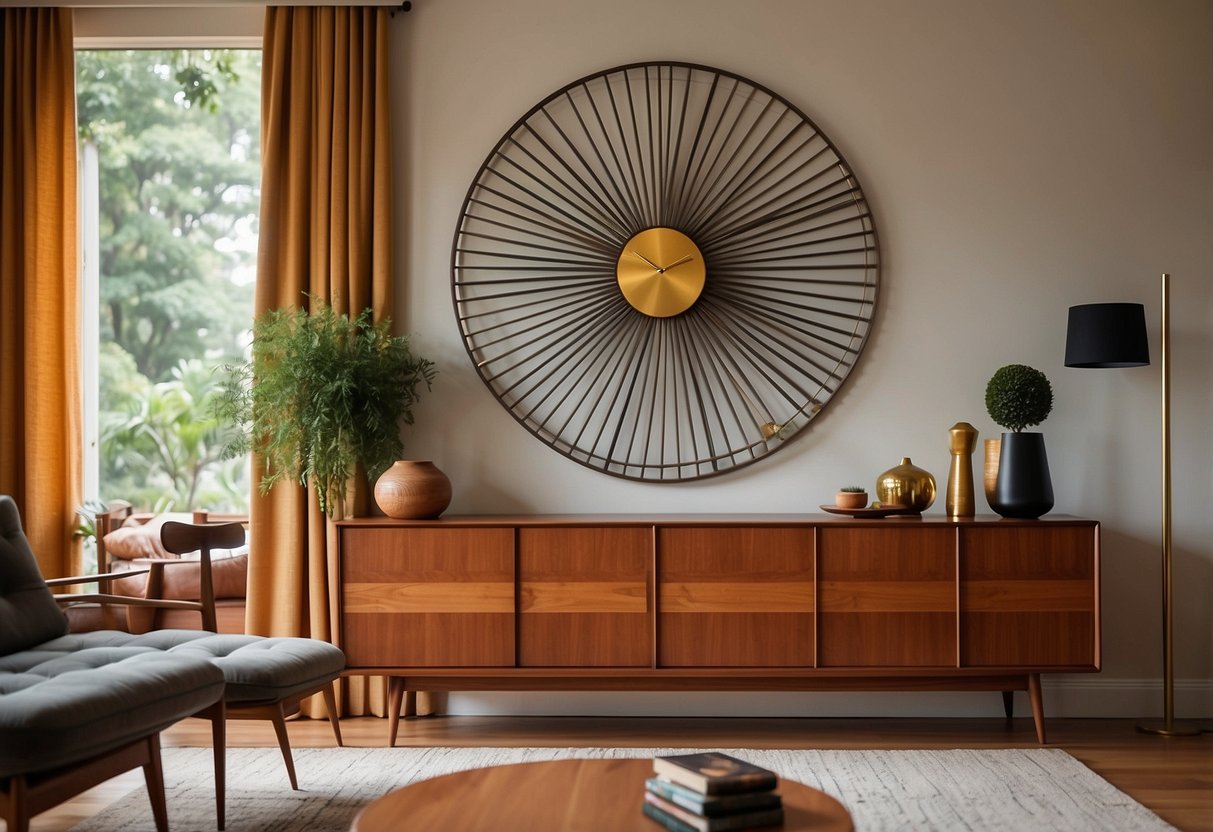 A living room with sleek, clean-lined furniture, geometric patterns, and bold colors. A sunburst clock and teak sideboard complete the mid-century modern look