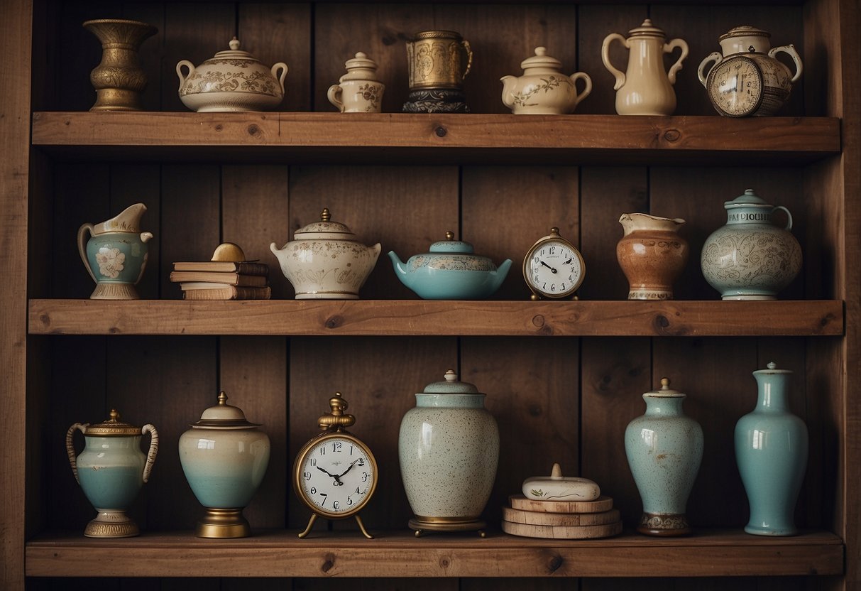 Wooden shelves filled with vintage decor items, such as ceramic vases, retro clocks, and old books. The shelves are rustic and aged, adding a cozy and nostalgic feel to the room