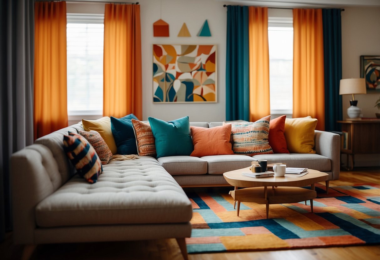 A living room with a colorful geometric area rug, mid-century furniture, and bold patterns on the walls and curtains