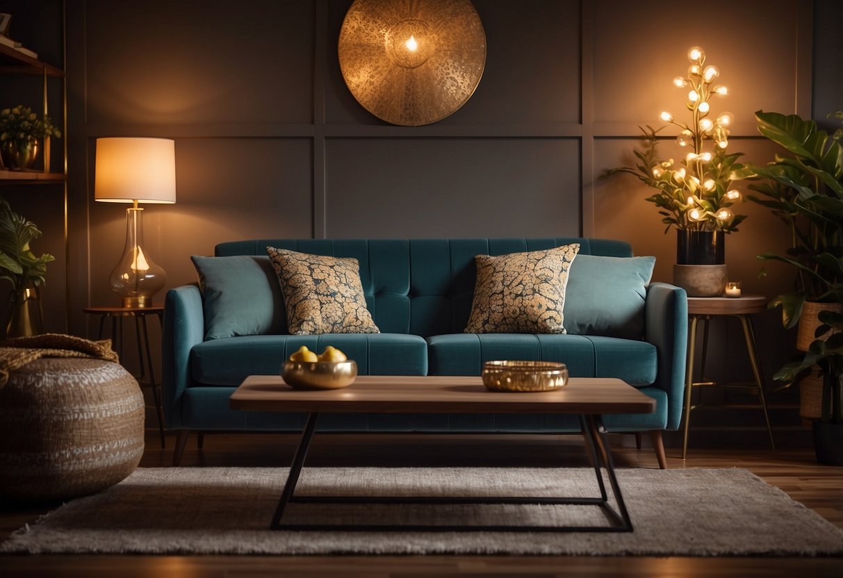 A cozy living room with vintage velvet throw pillows on a retro patterned sofa, surrounded by mid-century decor and warm lighting