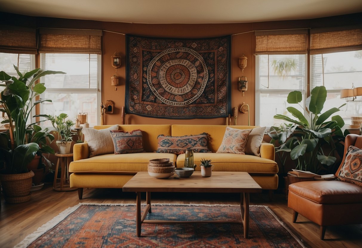 A cozy living room with boho tapestries hanging on the walls, vintage furniture, and vibrant 60s-inspired decor