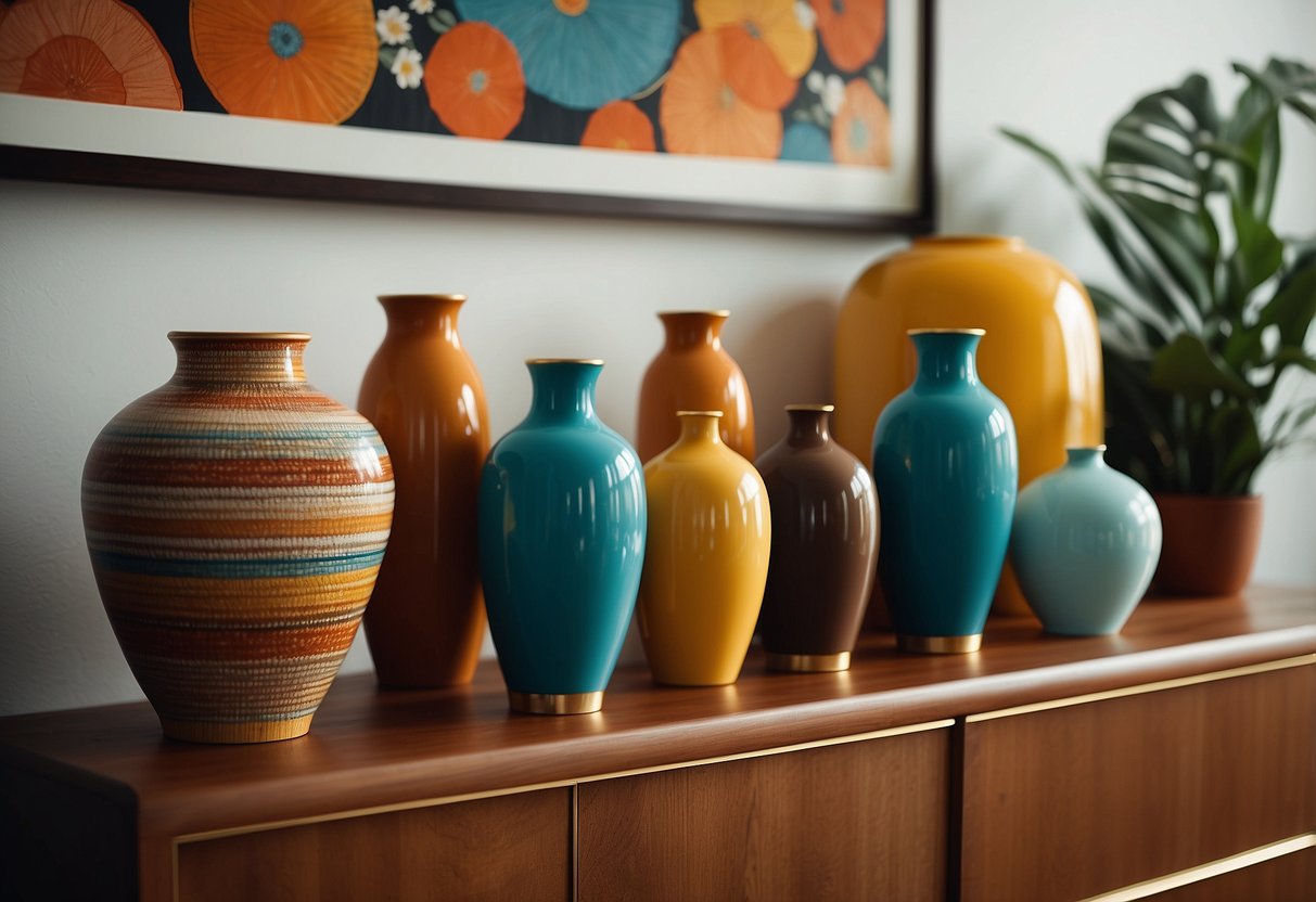 A retro living room with colorful ceramic vases on a teak sideboard, adding a pop of 60s flair to the home decor