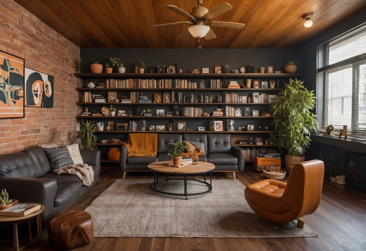 A spacious living room with vintage industrial pipe shelving filled with 60s home decor items, such as vinyl records, lava lamps, and retro telephones