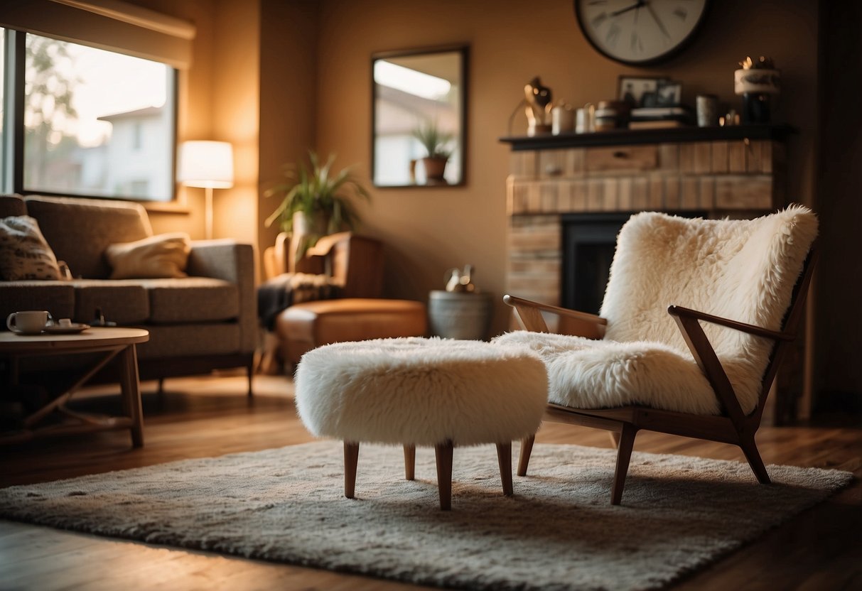 A cozy living room with a sheepskin rug draped over a retro armchair, surrounded by mid-century decor and warm lighting