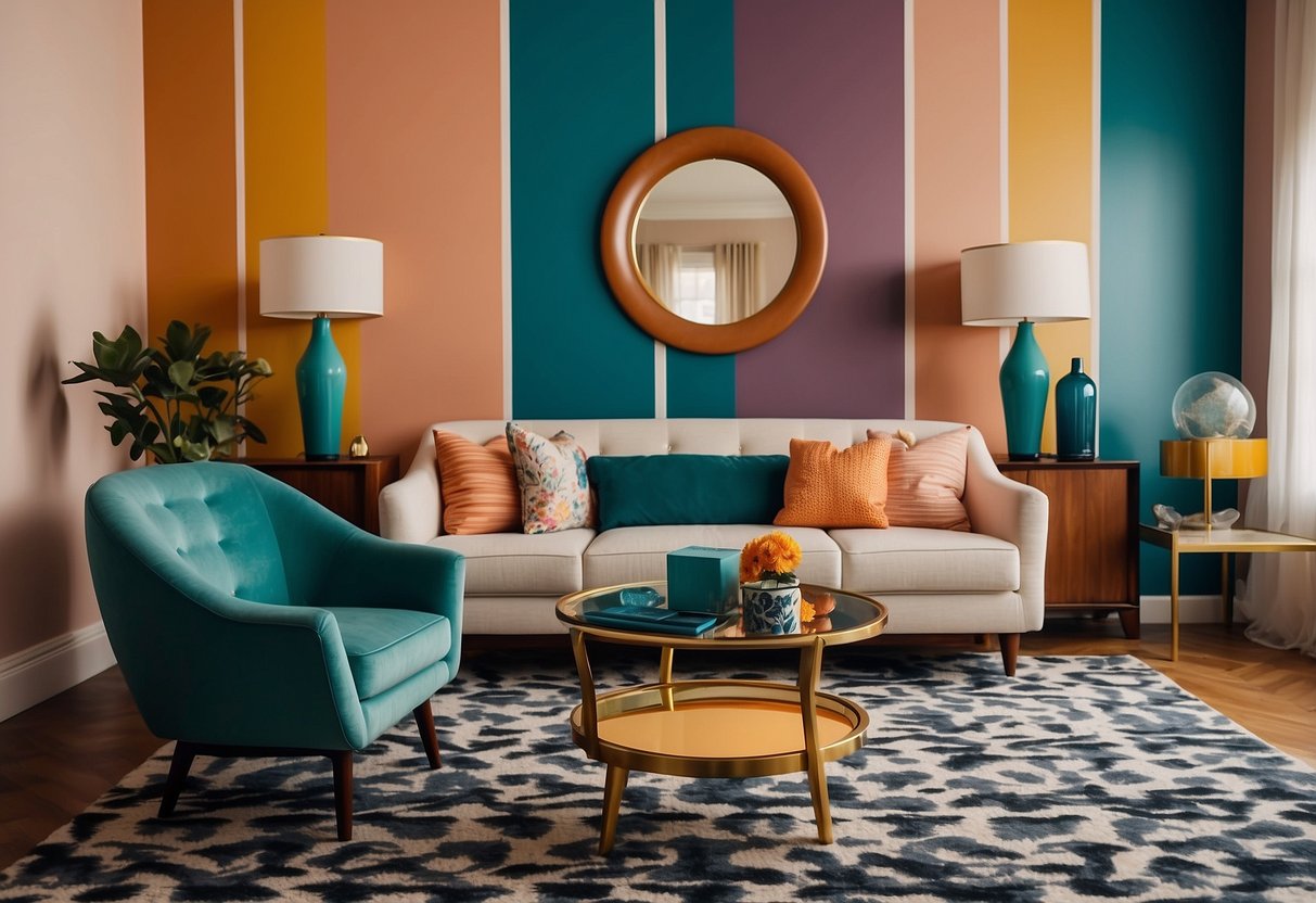 A living room with colorful accent wall mirrors, retro furniture, and bold patterns, capturing the essence of 60s home decor