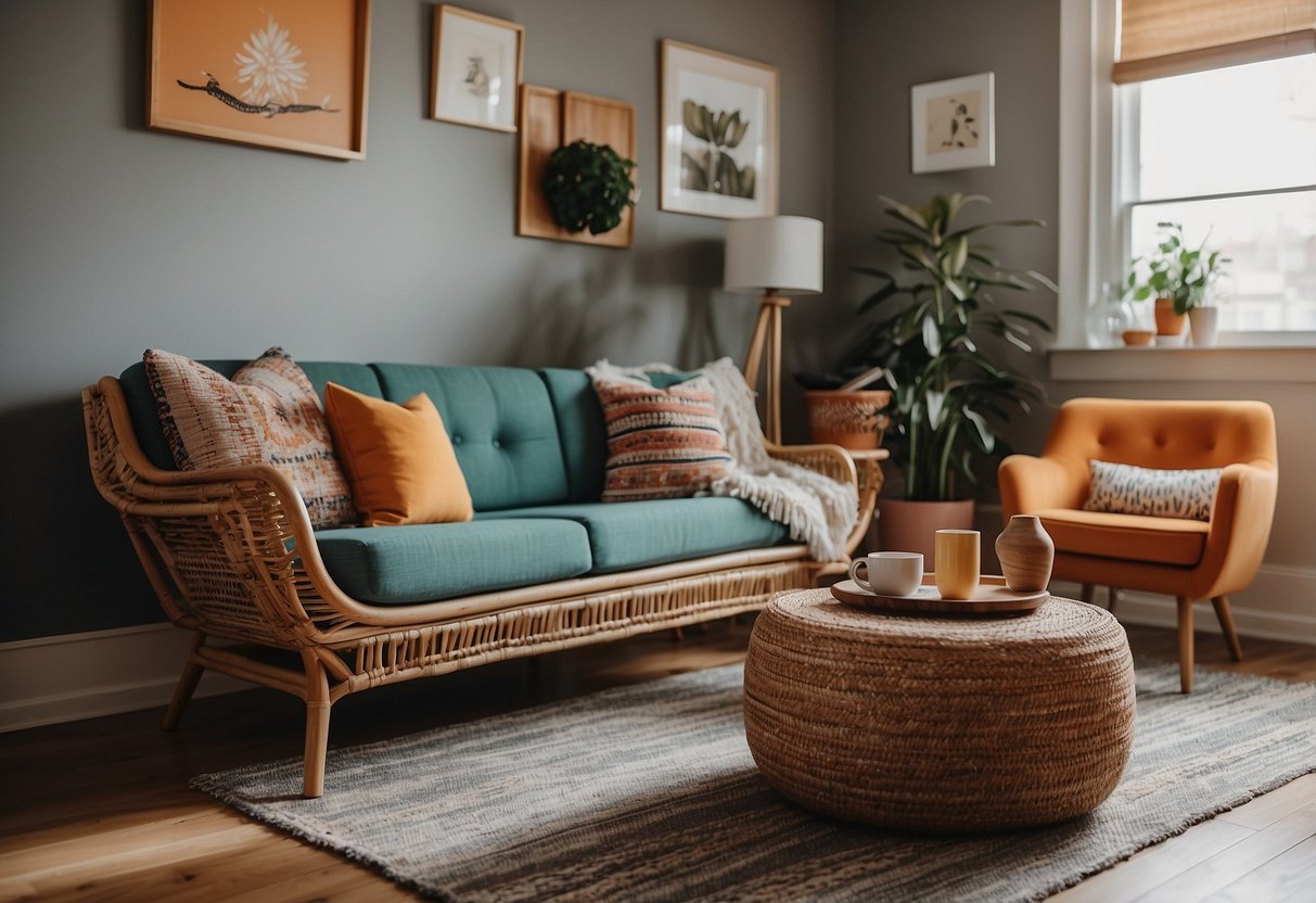 A cozy living room with wicker baskets filled with colorful throw blankets and magazines, surrounded by mid-century modern furniture and vibrant wallpaper