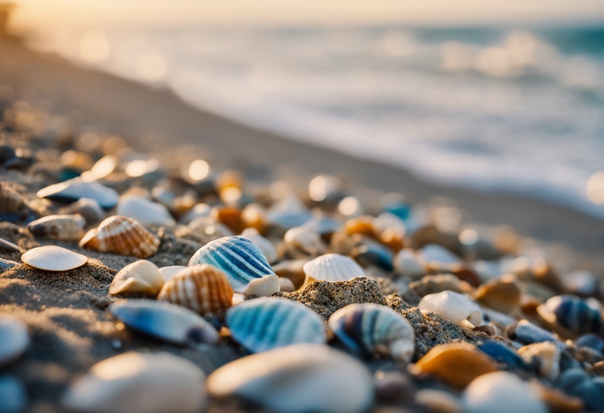 Sandy shorelines lined with colorful shells, waves gently lapping at the beach. Rocky outcrops in the distance, with seagulls soaring overhead