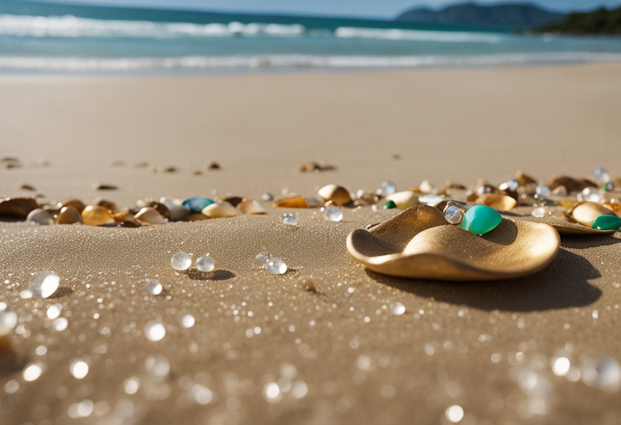 Golden sand stretches along the shore, scattered with colorful shells and driftwood. Crystal clear water laps at the beach, framed by lush green mountains in the distance