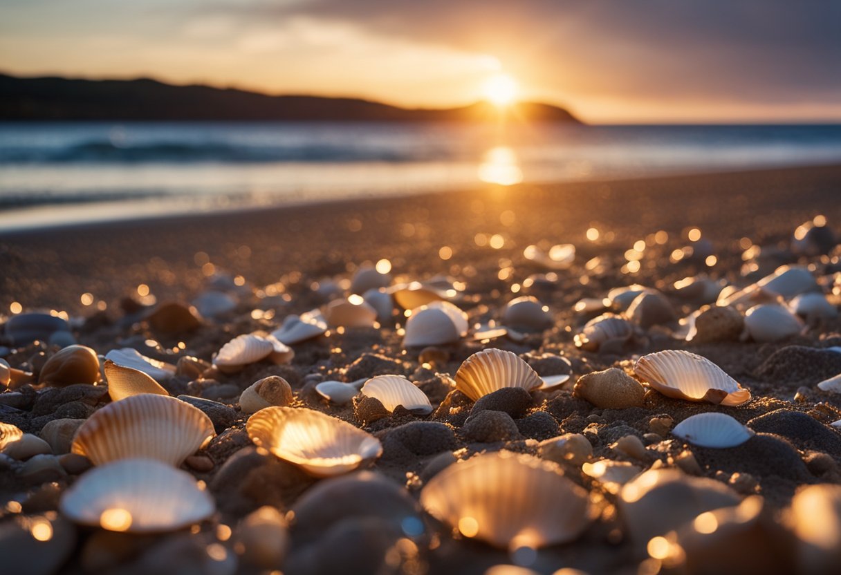 The sun sets over Ingonish Beach, casting a golden glow on the sandy shore. Seashells litter the beach, scattered among the small waves lapping at the coastline