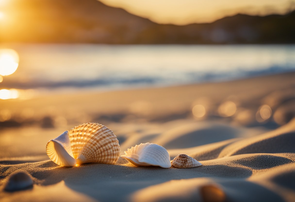 The sun sets over Twin Shores Beach, casting a warm glow on the sandy shore. Seashells of various shapes and sizes are scattered along the coastline, waiting to be discovered