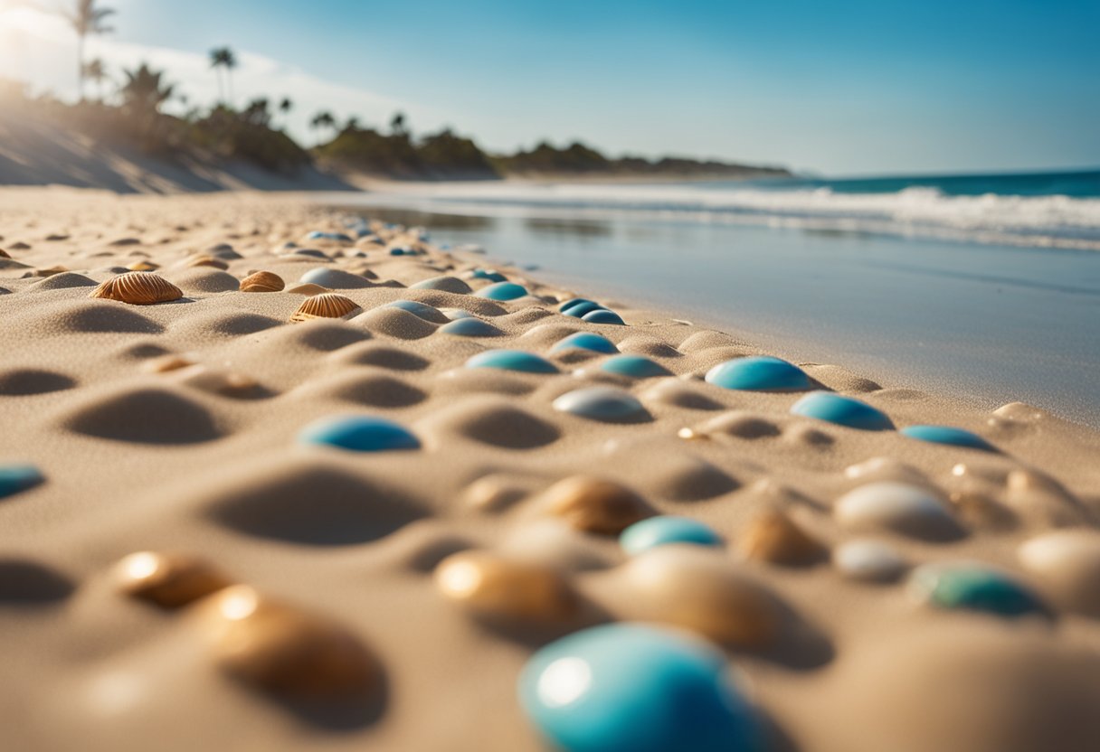 Golden sand stretches along the shore, scattered with colorful shells. Gentle waves lap at the beach, with a backdrop of dunes and clear blue skies