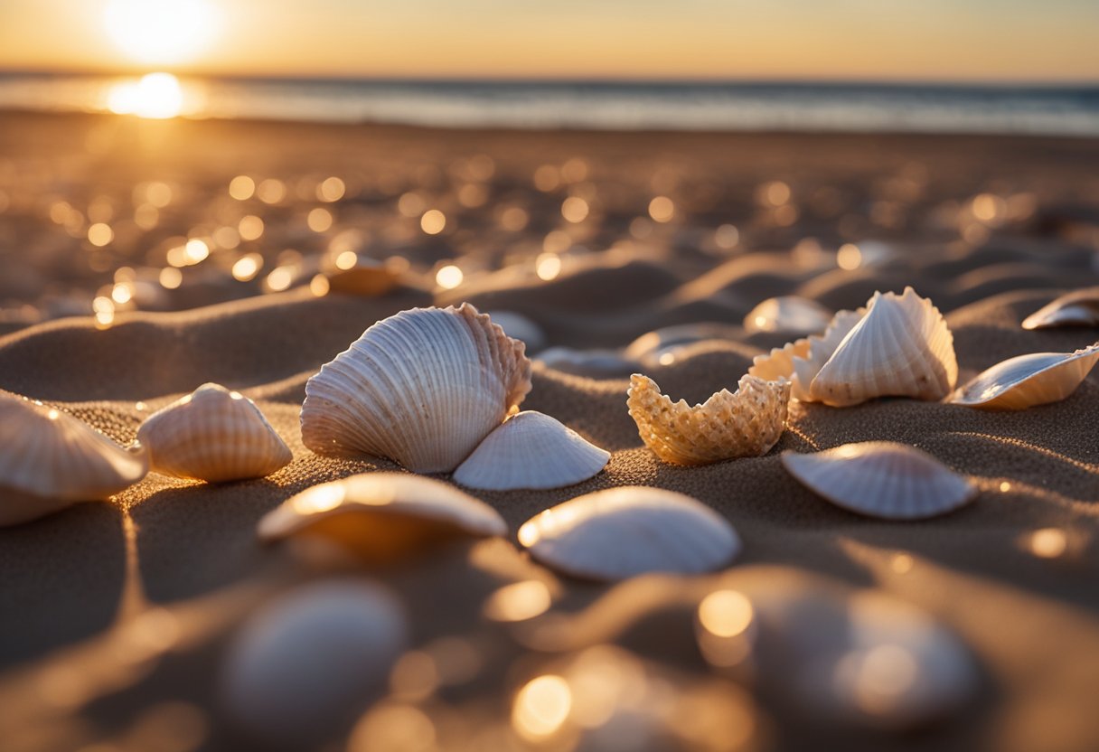 The sun sets over Cavendish Beach, casting a warm glow on the sandy shore. Seashells are scattered along the waterline, with gentle waves lapping at the coastline