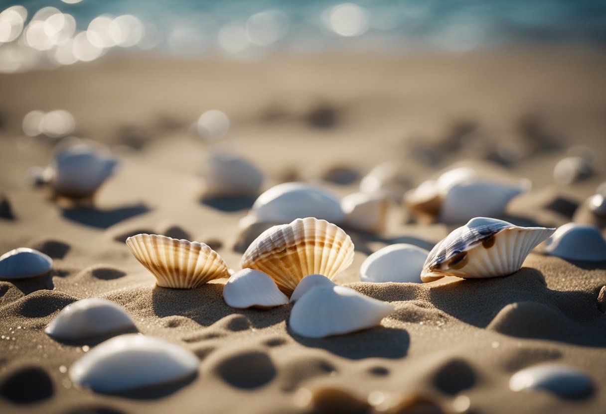 Shells scattered on sandy beach, waves gently washing ashore. Seagulls pecking at shells, rocky cliffs in background