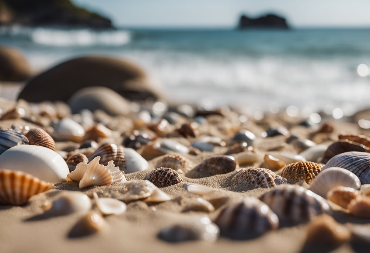 A rugged coastline with waves crashing onto a sandy beach, scattered with an abundance of unique and colorful seashells. Rock formations jut out of the sand, creating pockets where shells collect